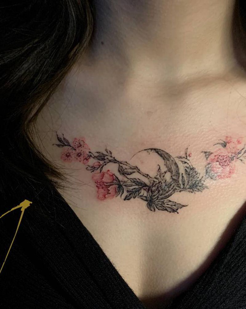 胸花、遮盖纹身图片_胸部肩部水彩水墨纹身图案