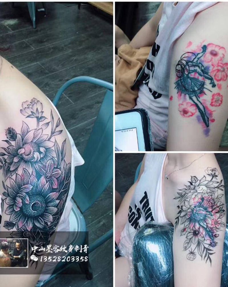 素花遮盖旧图纹身图片_肩部手臂遮盖旧图纹身图案
