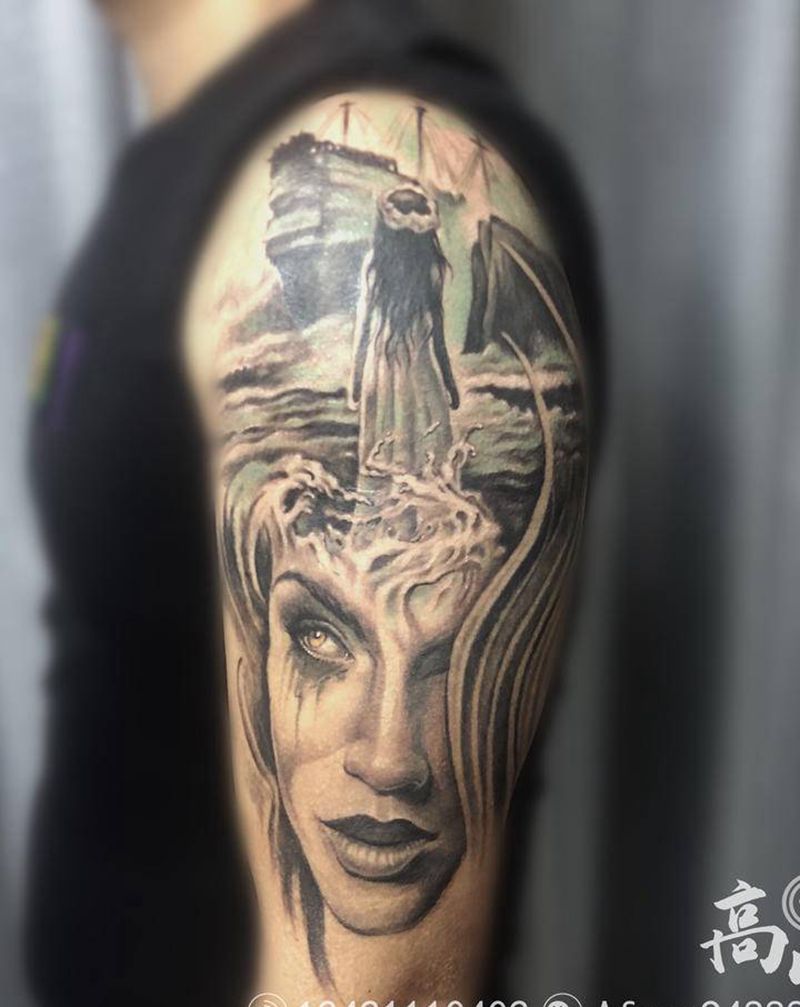 欧美写实花臂未完纹身图片_手部欧美写实脑海纹身图案