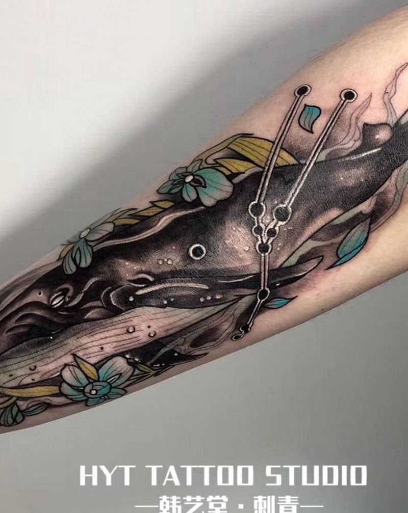 鲸鱼纹身图片_手臂手部New School纹身图案