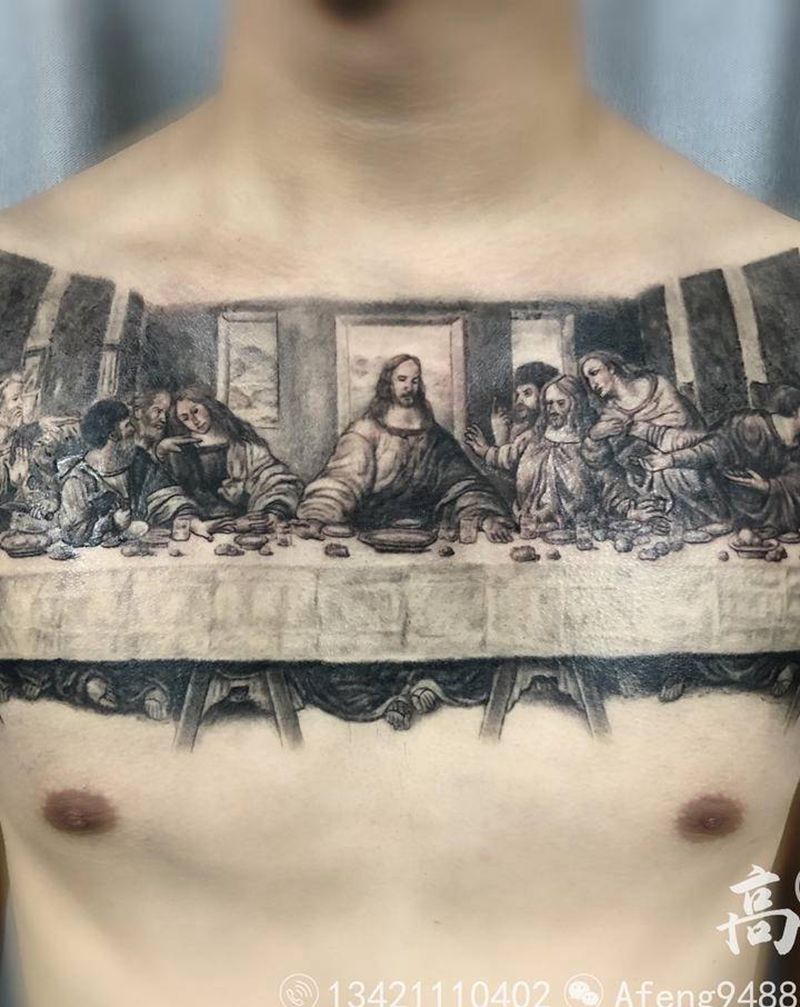 最后的晚餐纹身图片_胸部欧美写实最后的晚餐欧美花胸纹身图案