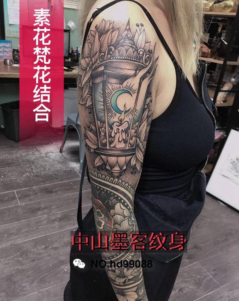 素花梵花点刺类花臂纹身图片_手臂点刺纹身图案