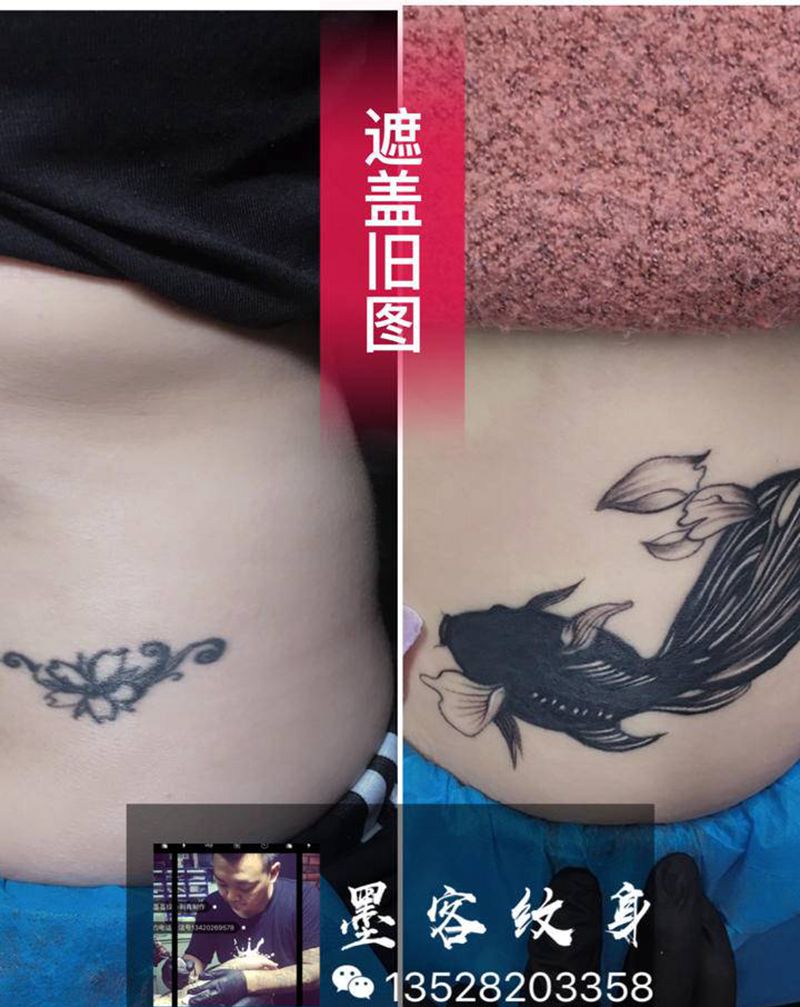 遮盖旧图纹身图片_腹部腰部纹身图案