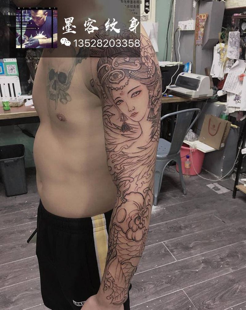 传统花臂上色待续纹身图片_手臂新传统纹身图案