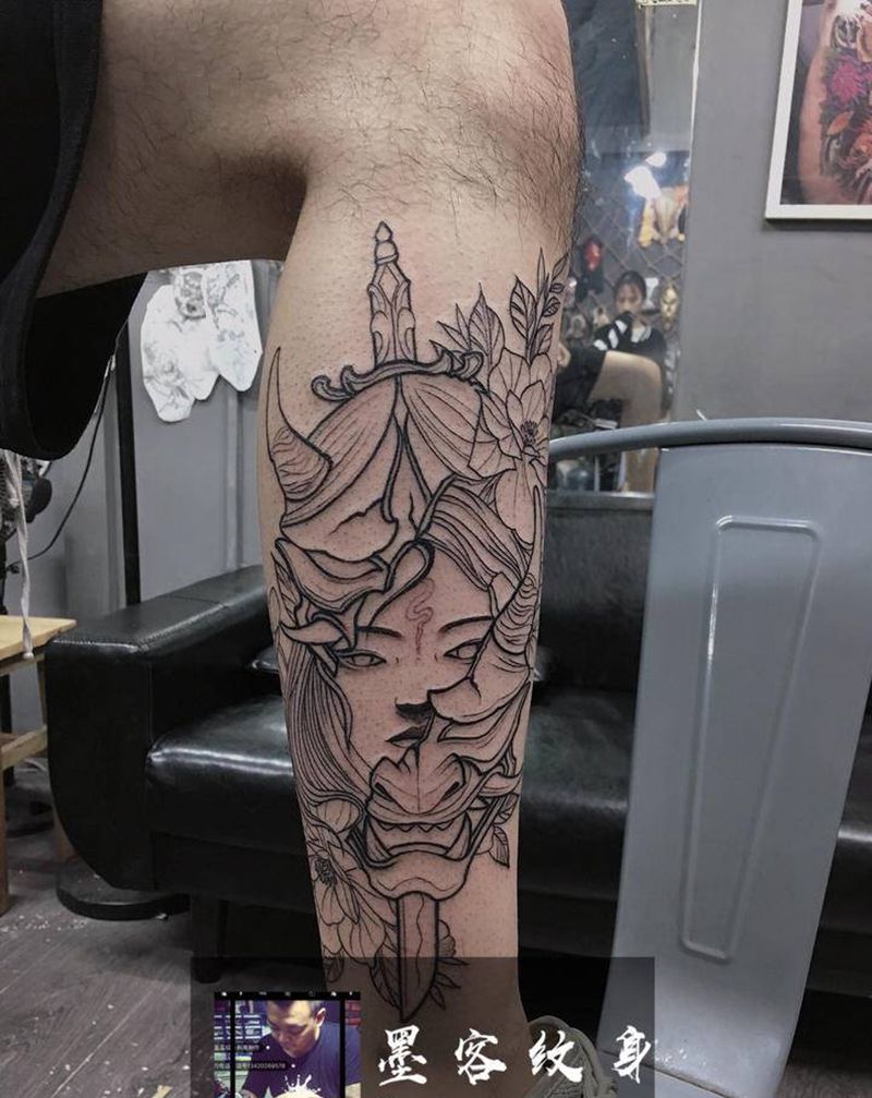 般若纹身图片_手臂腿部新传统待上色纹身图案