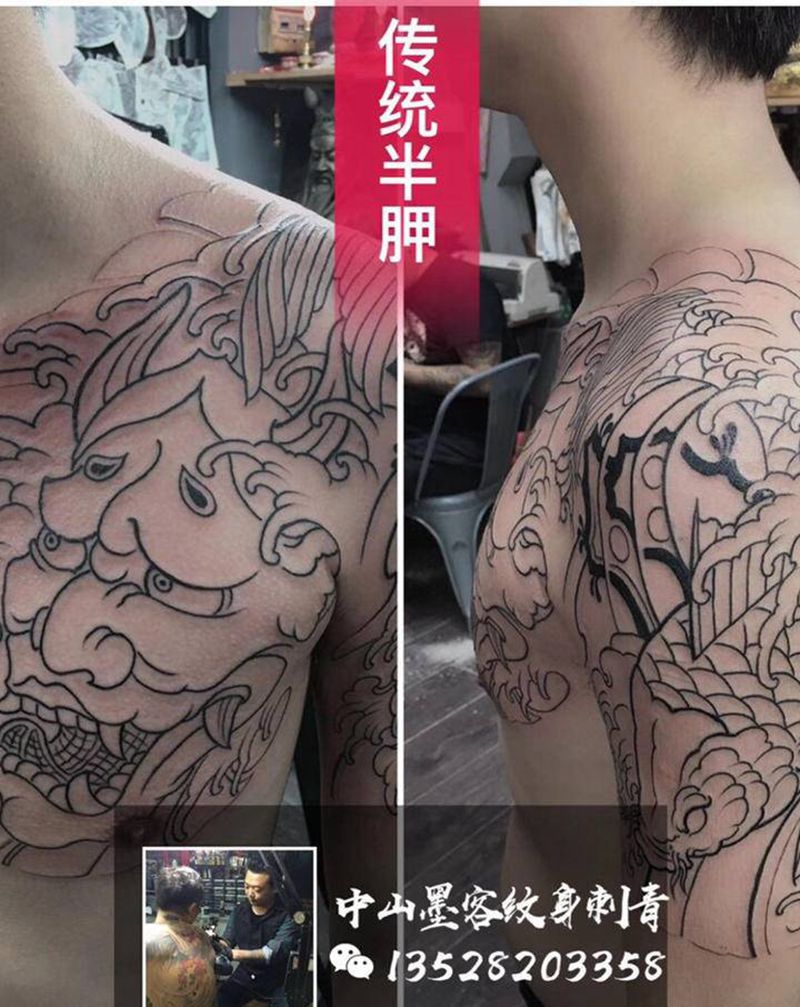 日式半胛结构纹身图片_手臂肩部老传统新传统日式半胛纹身图案
