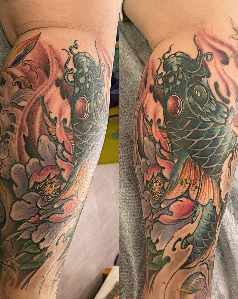 鲤鱼添加修改纹身图片_腿部脚部新传统水彩纹身图案