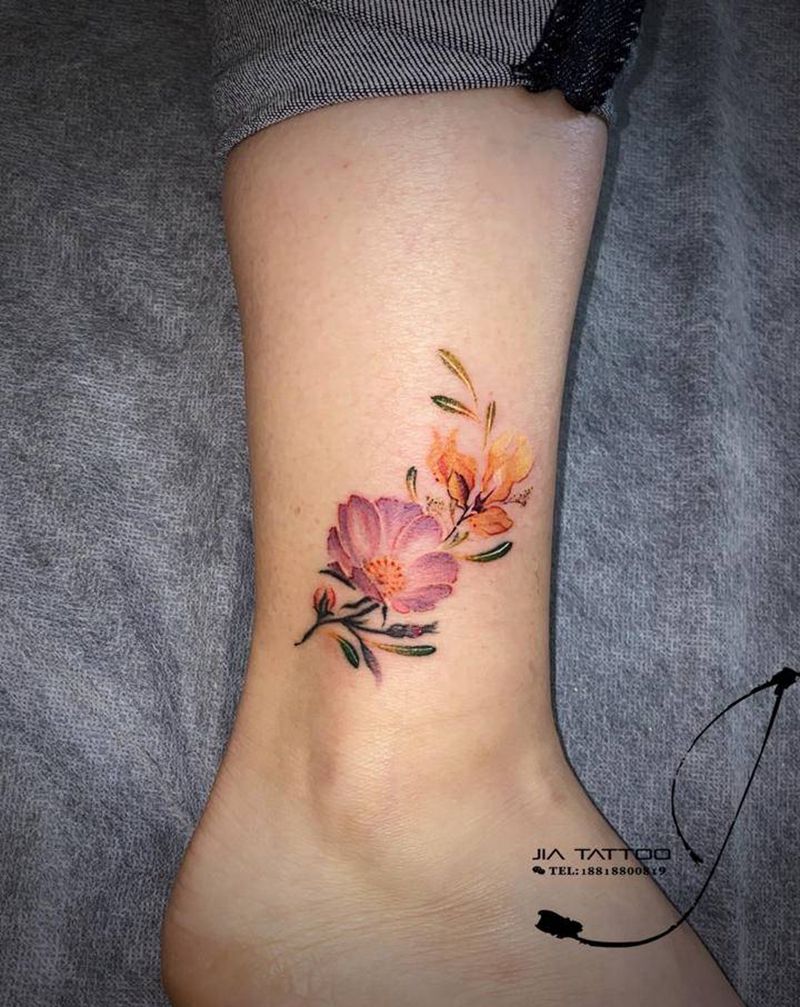 小清新花纹身图片_腿部脚部水彩纹身图案