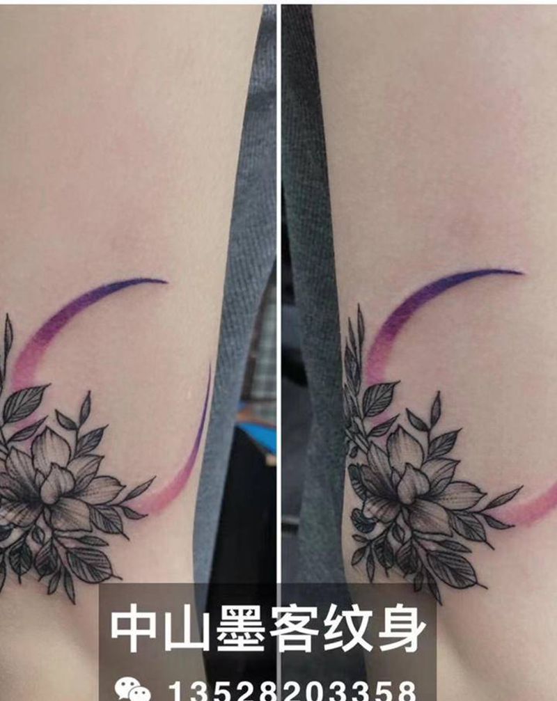 素花纹身图片_手臂点刺水墨遮盖疤痕纹身图案