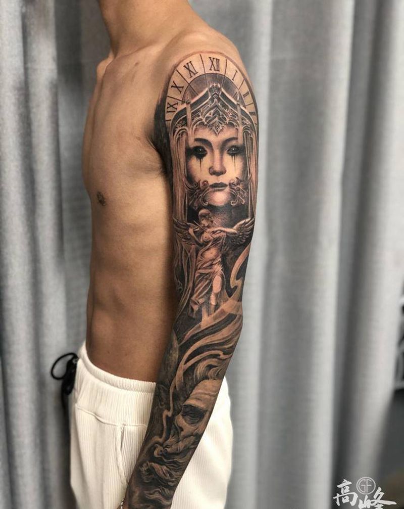 欧美写实花臂纹身图片_手部欧美写实花臂鬼神天使纹身图案