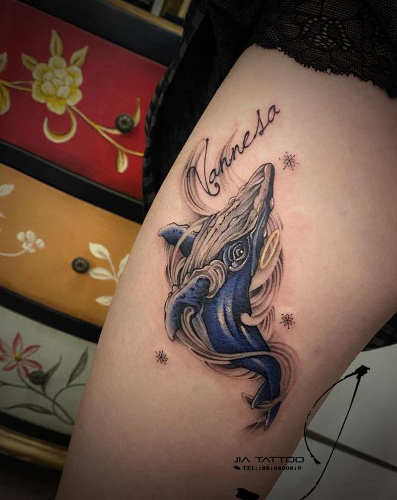 鲸鱼纹身图片_腿部脚部水彩纹身图案