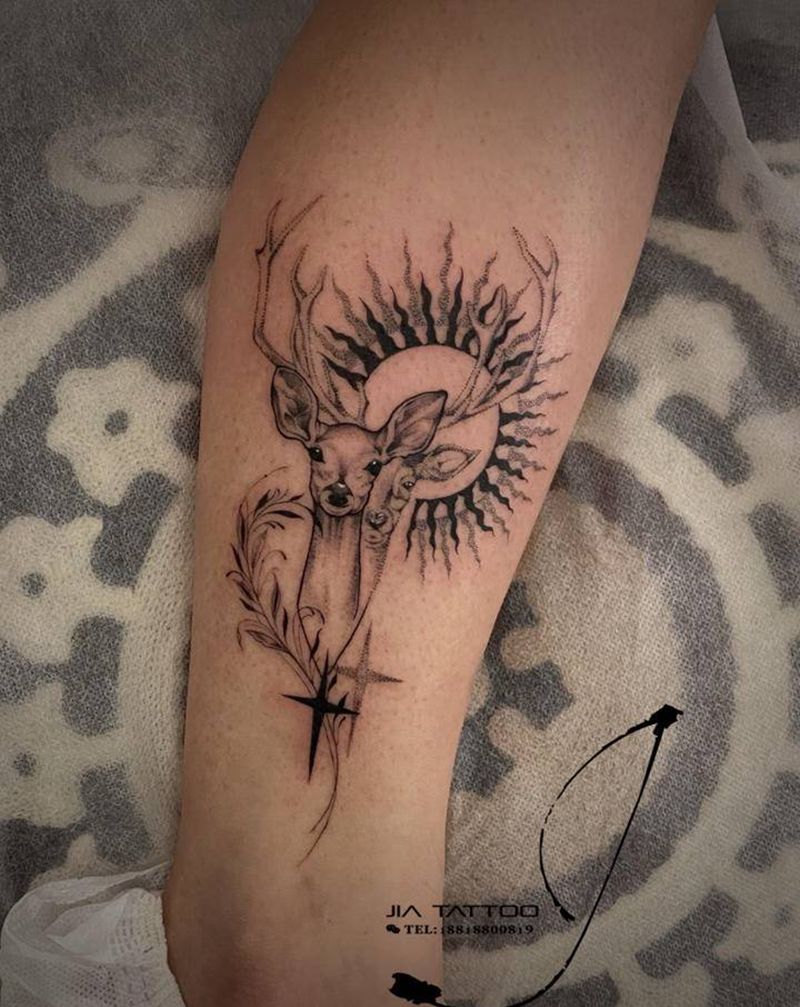 鹿纹身图片_腿部脚部点刺几何纹身图案