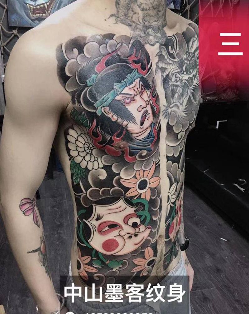 日式开衫未完待续！纹身图片_胸部腹部老传统新传统纹身图案