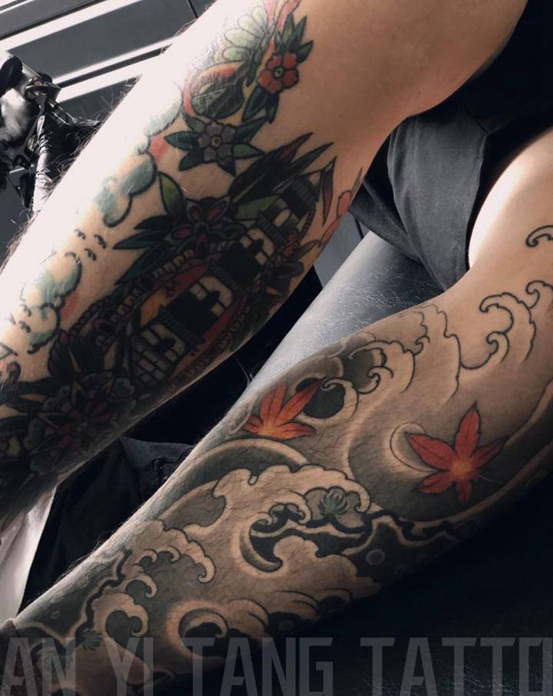 水浪纹身图片_脚部腿部老传统新传统纹身图案