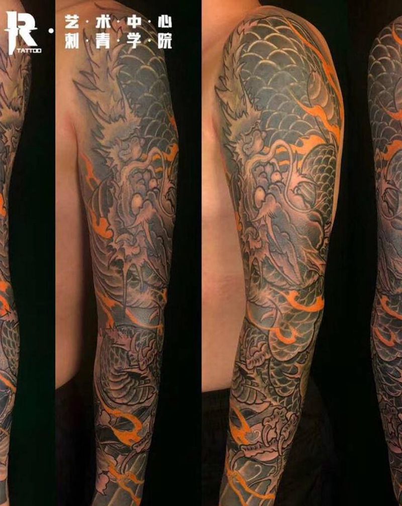 龙纹身图片_手臂新传统龙新传统遮盖纹身图案