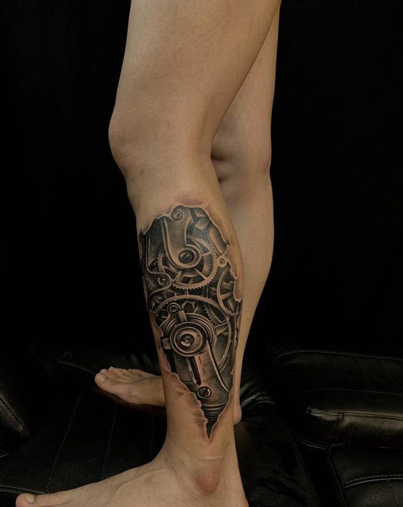 机械腿纹身图片_腿部欧美写实纹身图案