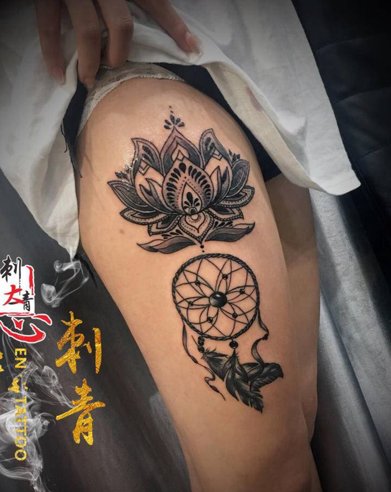 捕梦网、梵花纹身图片_腿部点刺纹身图案