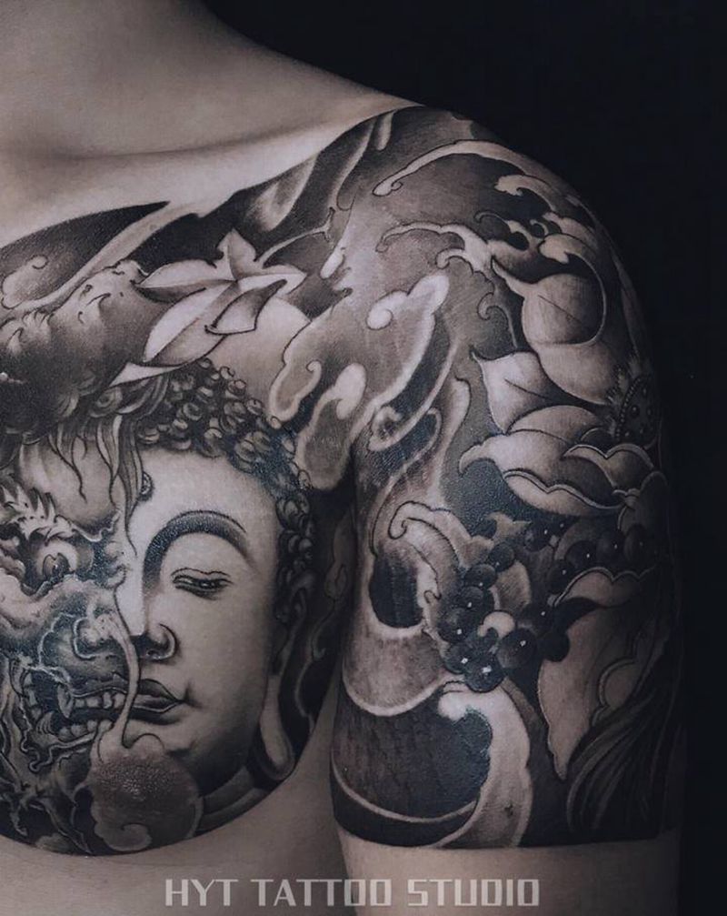 佛与魔纹身图片_胸部新传统纹身图案