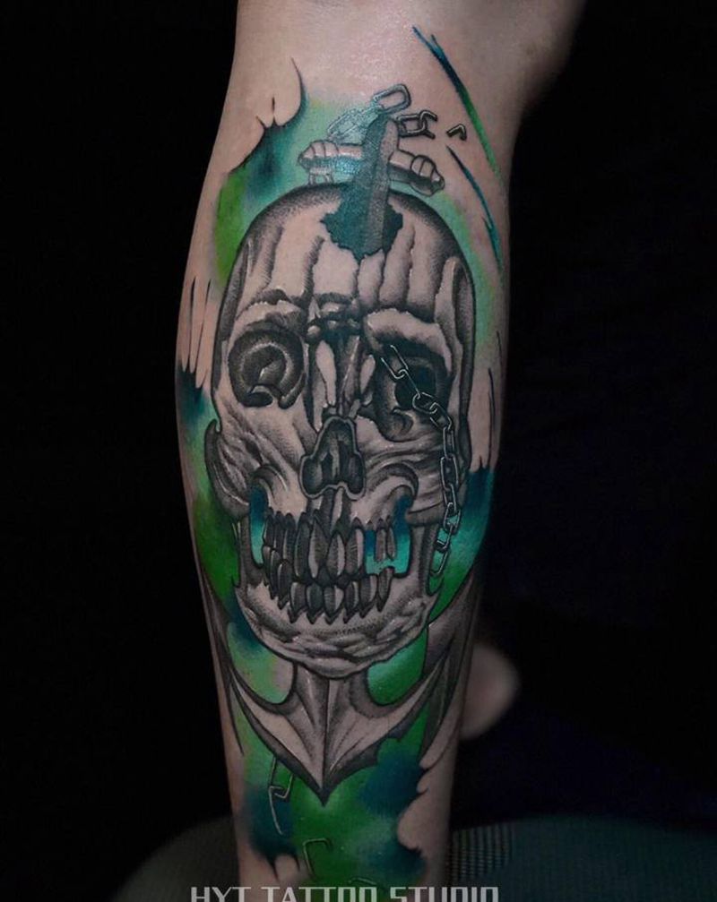 骷髅纹身图片_腿部欧美写实纹身图案