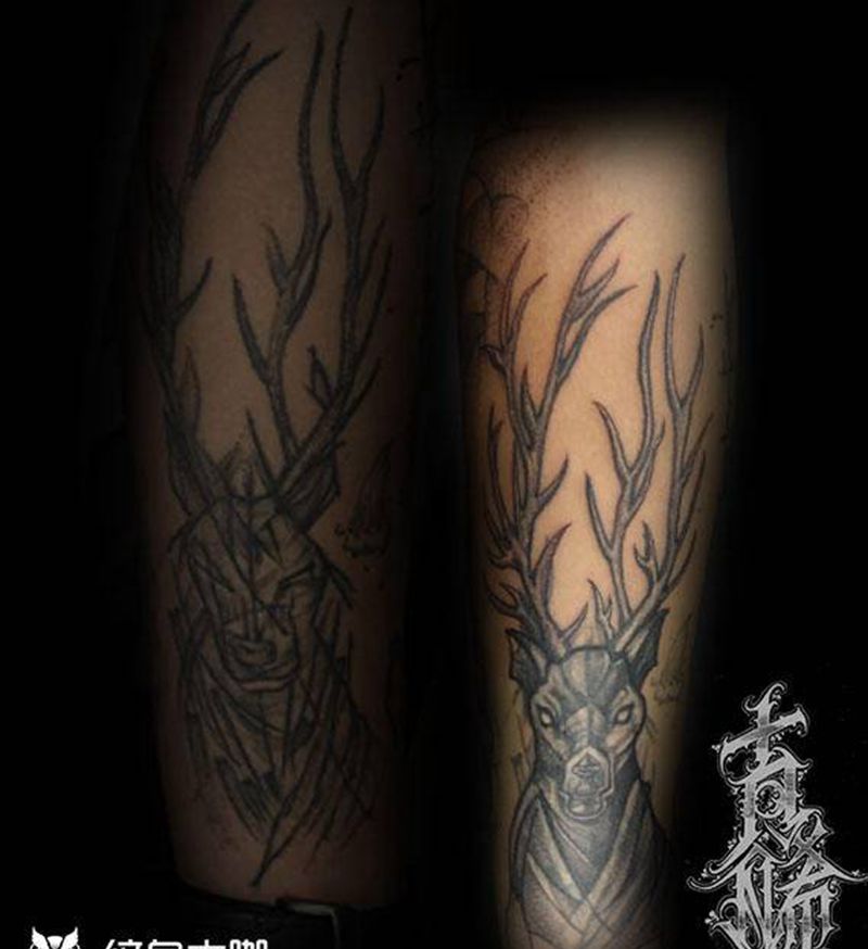 麋鹿纹身图片_手臂New School遮盖修改纹身图案