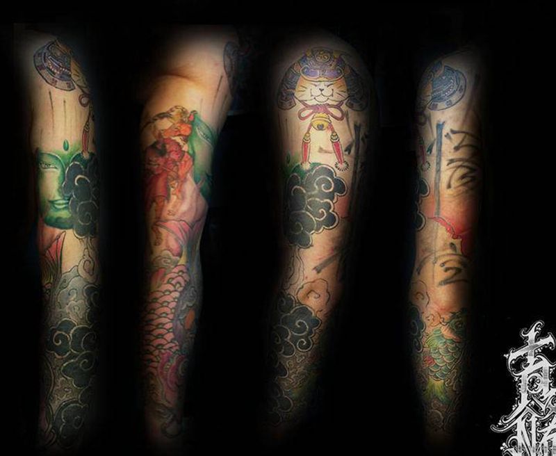 遮盖花臂（未完成）纹身图片_手臂新传统纹身图案