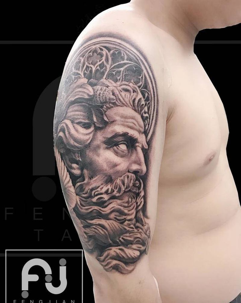 海神：波赛冬纹身图片_手臂欧美写实鸽子信仰纹身图案