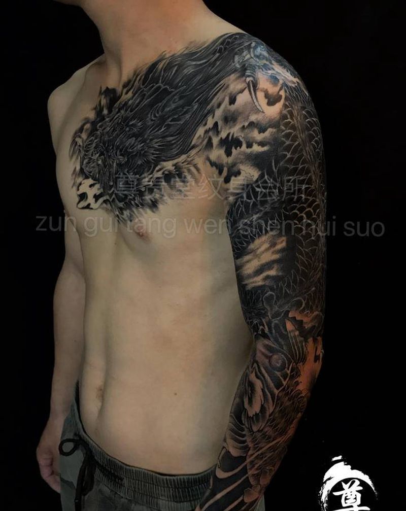 黑龙遮盖后纹身图片_老传统纹身图案