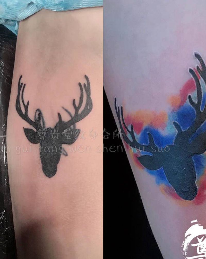水彩鹿遮盖英文纹身图片_手臂水彩纹身图案