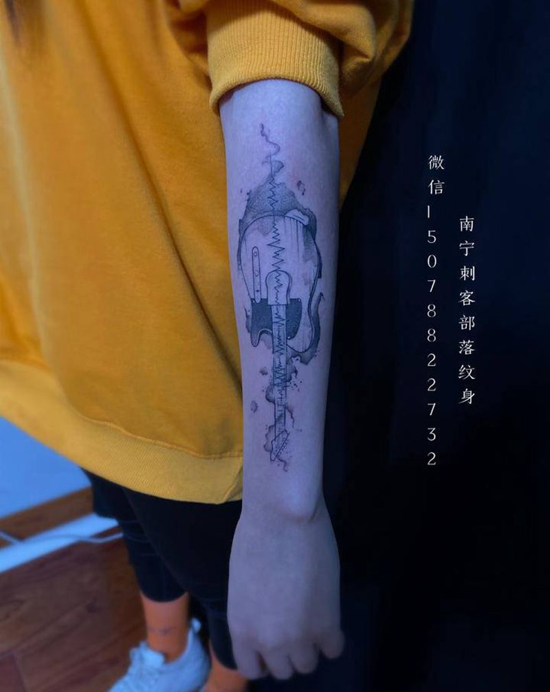 琴纹身图片_手臂新传统欧美写实纹身图案