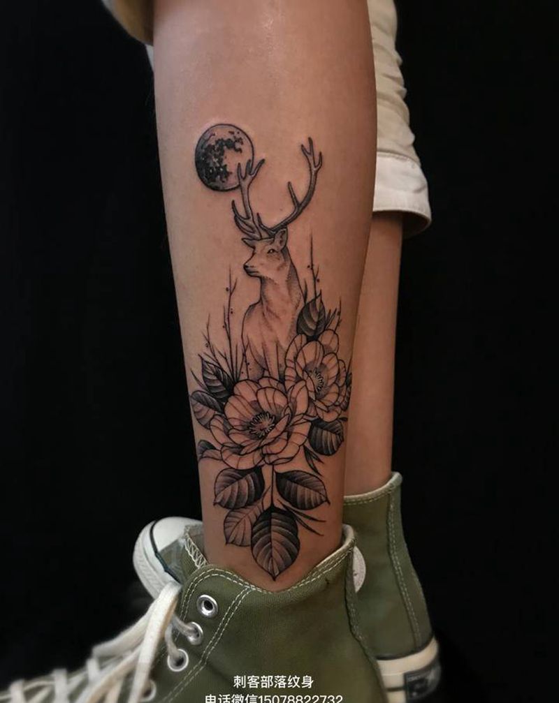 鹿配素花纹身图片_腿部脚部新传统纹身图案