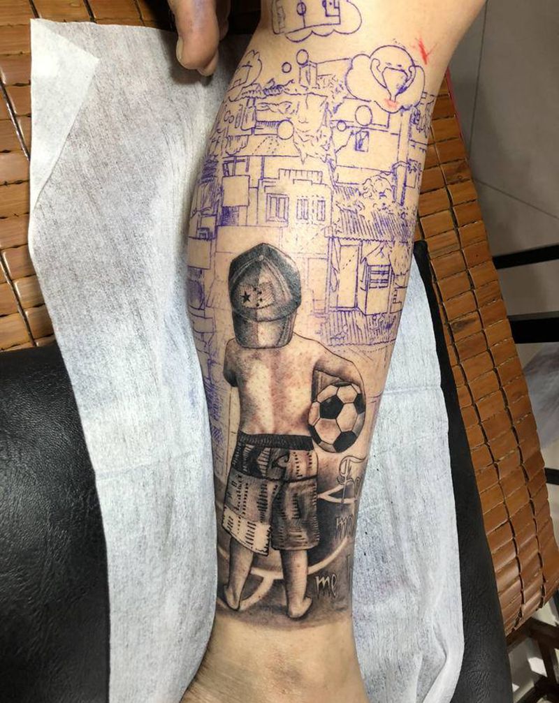 足球梦纹身图片_脚部欧美写实纹身图案