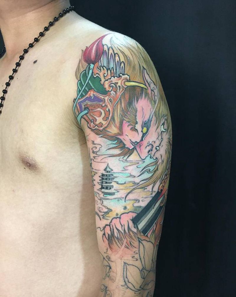 悟空花臂纹身图片_手臂新传统纹身图案