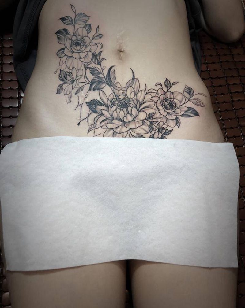 素花纹身图片_腹部纹身图案