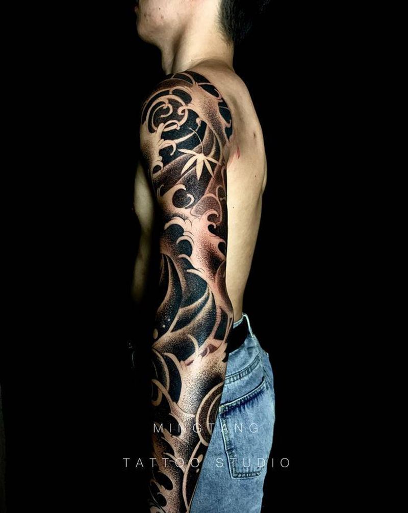 传统浪臂纹身图片_手臂手部新传统水浪水浪花臂浪臂纹身图案