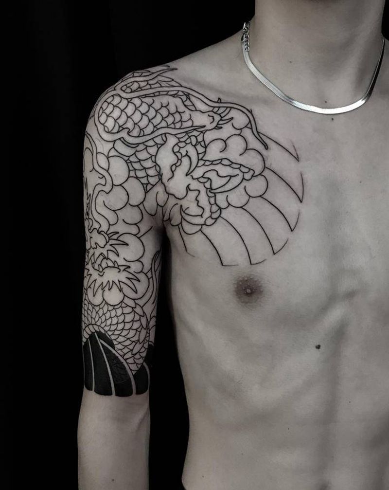 半甲龙，未完待续纹身图片_胸部手部老传统纹身图案