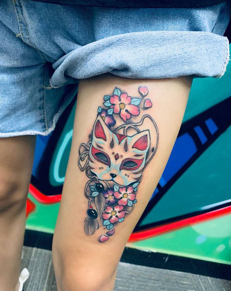 面具纹身图片_腿部新传统纹身图案