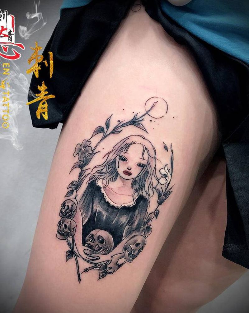 漫画女孩纹身图片_腿部New School漫画纹身图案