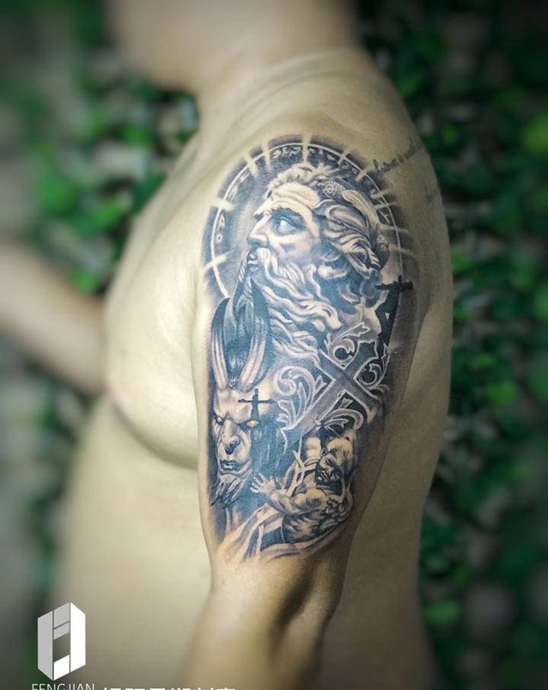 神魔之争纹身图片_手臂欧美写实纹身图案