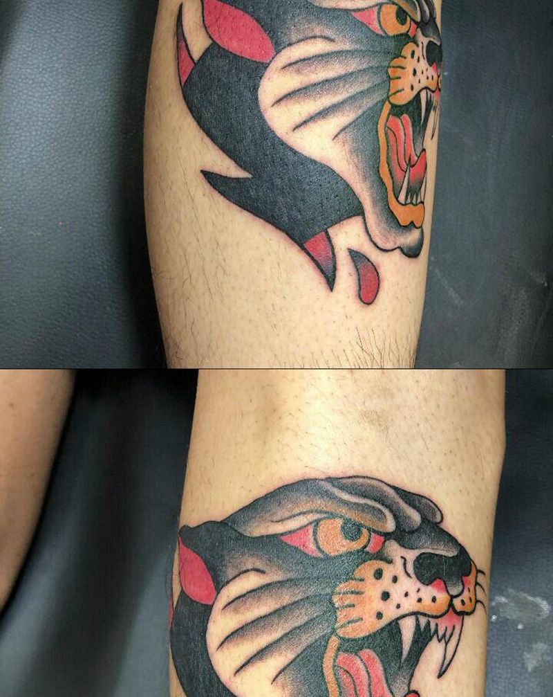 黑豹纹身图片_腿部Old School纹身图案