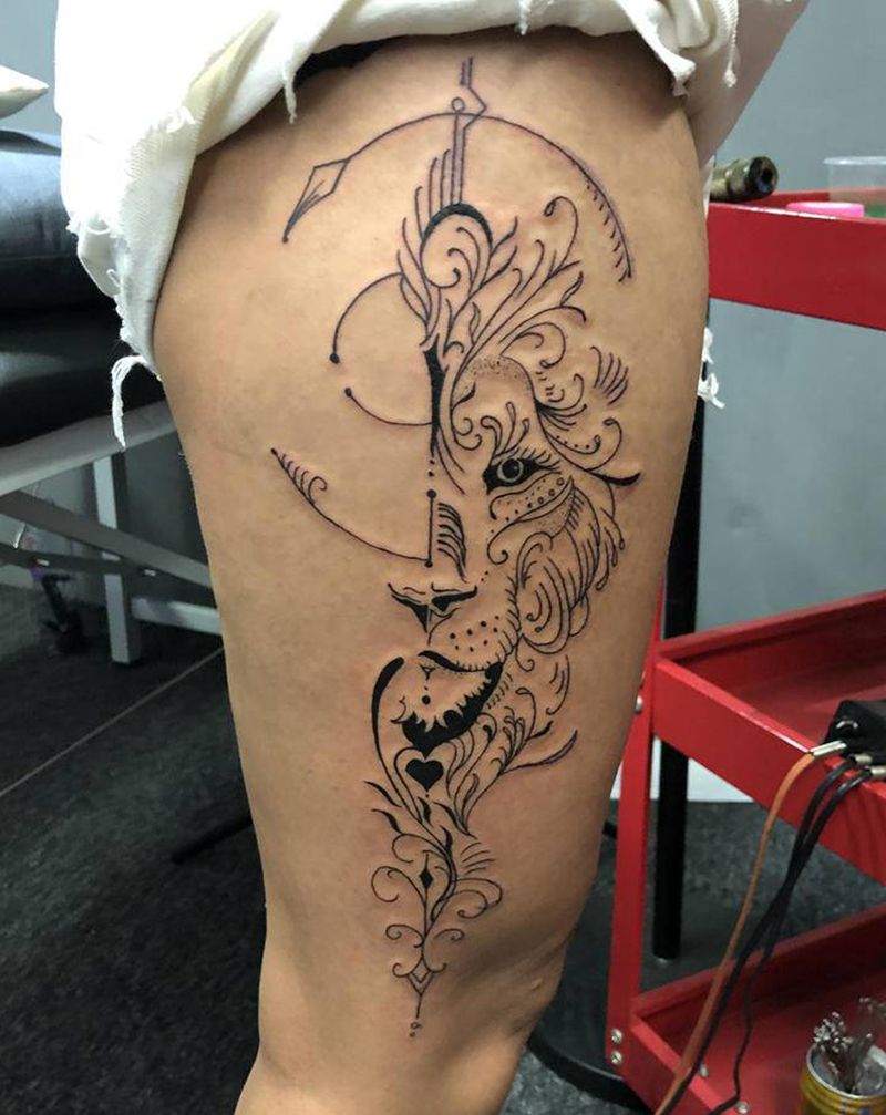 线条狮纹身图片_腿部几何纹身图案