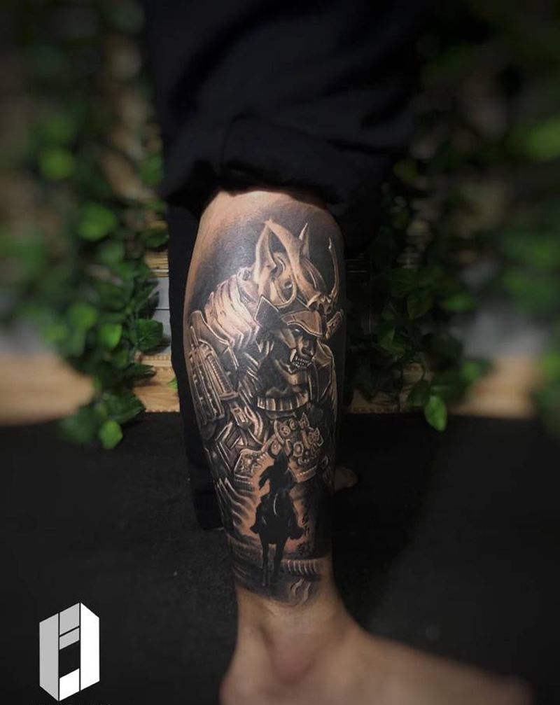 鬼武士纹身图片_腿部欧美写实纹身图案