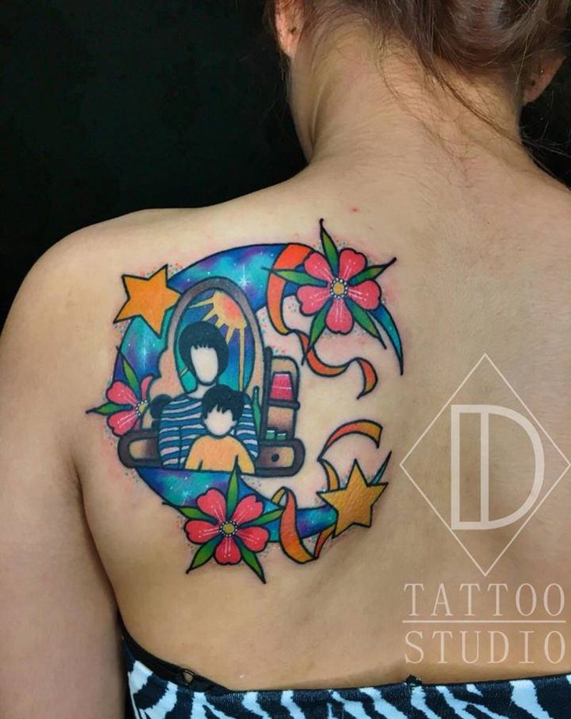 旧纹身修改纹身图片_肩部背部新传统New School月亮樱花彩色纹身图案