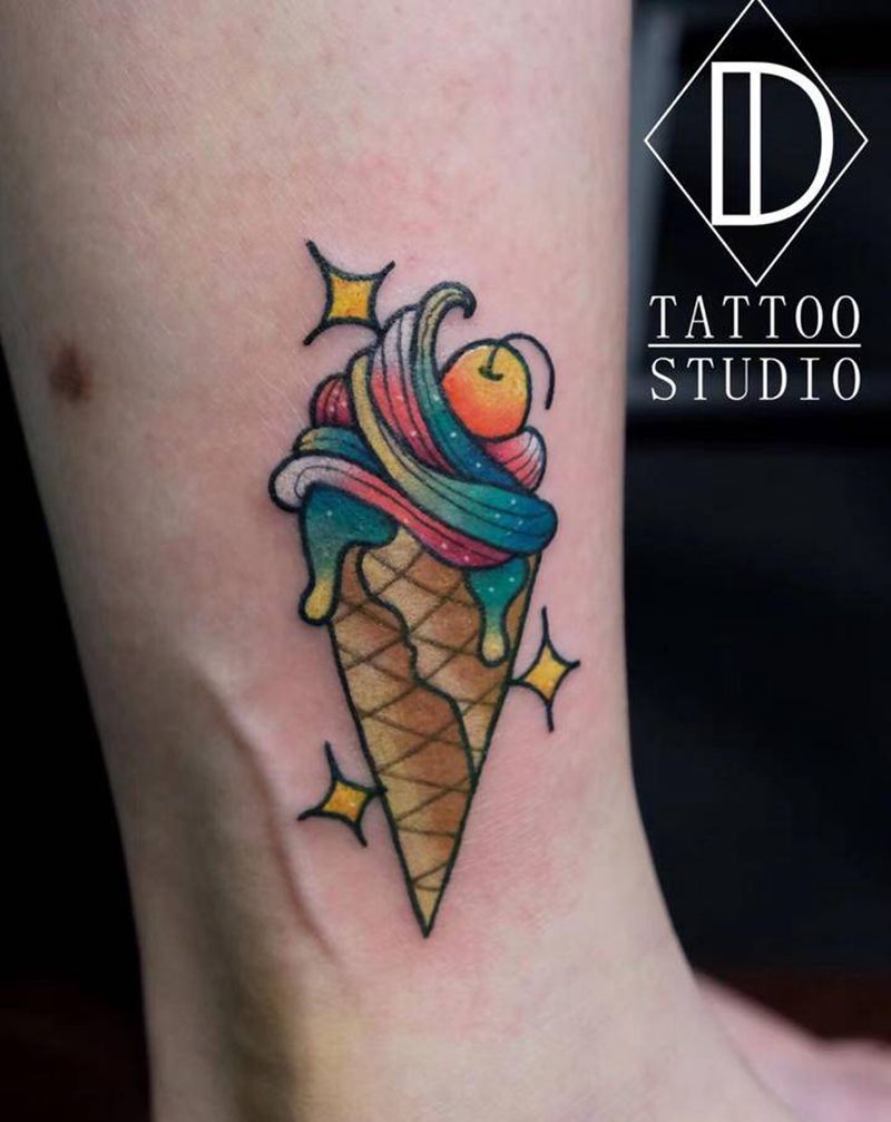 new school 冰淇淋纹身图片_腿部New School新传统冰淇淋彩色卡通纹身图案