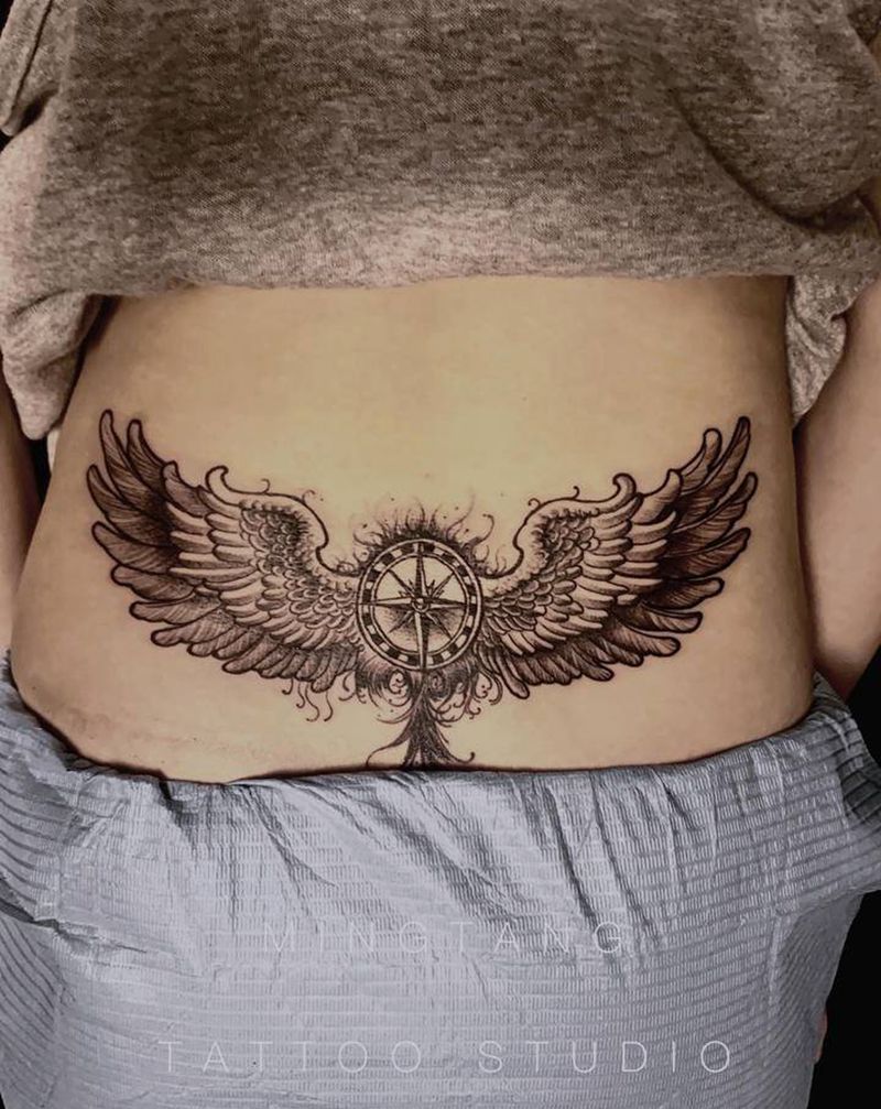 天使翅膀纹身图片_腰部背部欧美写实老传统翅膀羽毛纹身图案