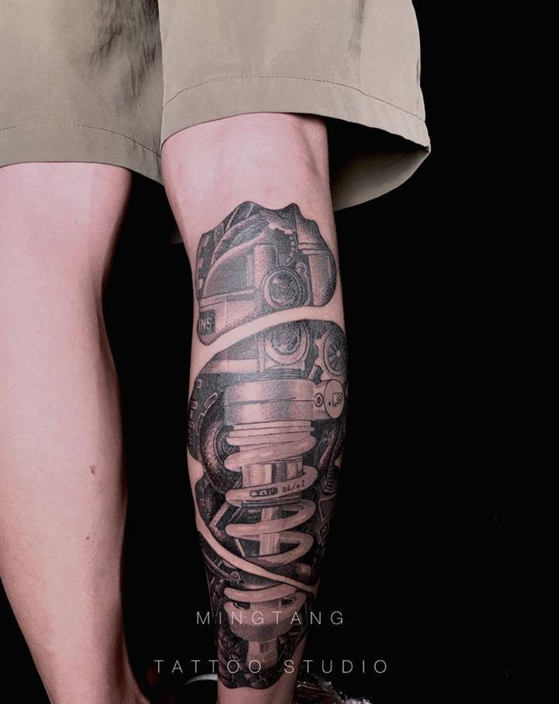 （手绘设计）机械减震纹身图片_腿部欧美写实机械减震纹身图案