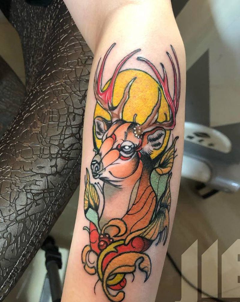 彩色/鹿纹身图片_手部新传统鹿纹身图案