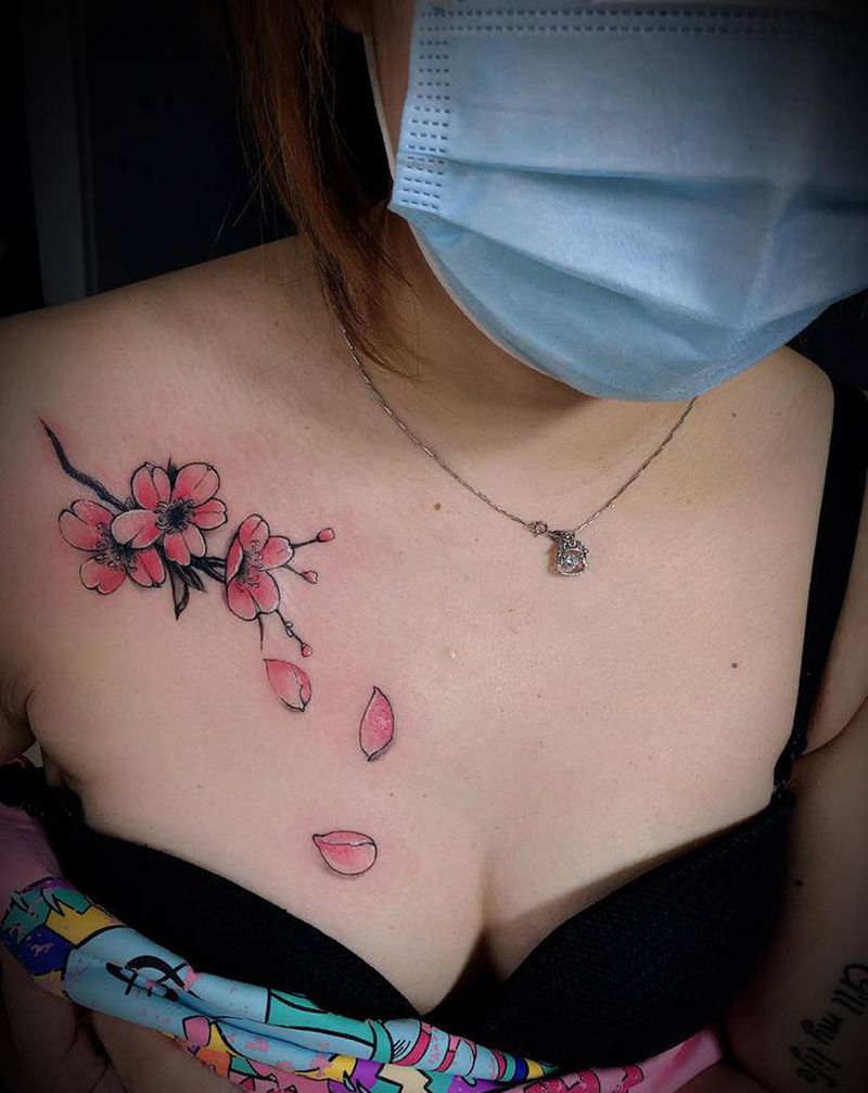 樱花纹身纹身图片_胸部水彩樱花纹身图案