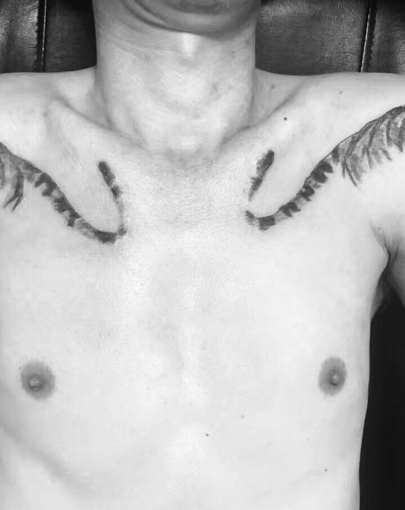 二虎哥纹身图片_胸部肩部水墨纹身图案