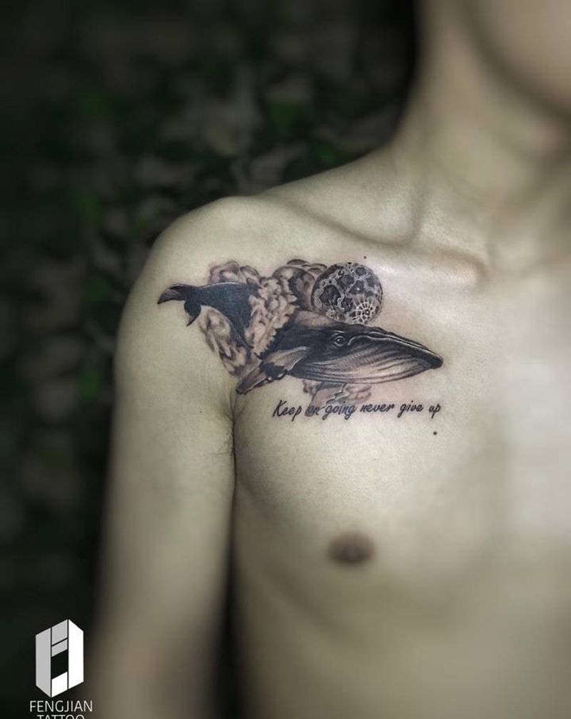 鲸鱼纹身图片_肩部欧美写实遮盖原创设计纹身图案