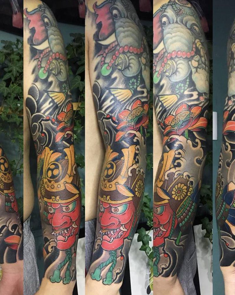 传统花臂拼接，鬼武士纹身图片_手臂手部老传统新传统纹身图案